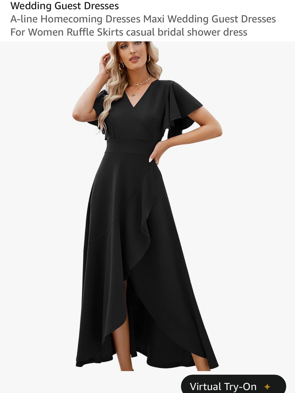 Amazon Black V-Neck Flutter Sleeve Wrap Maxi Dress